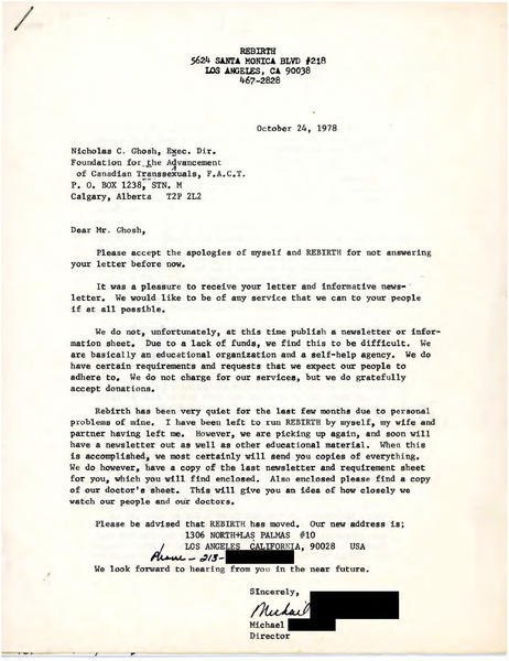 Download the full-sized image of Letter from Michael [redacted] to Rupert Raj (October 24, 1978)