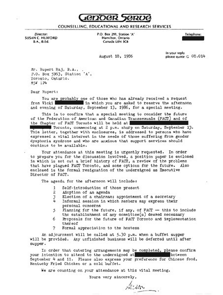 Download the full-sized image of Letter from Susan C. Huxford to Rupert Raj (August 18, 1986)