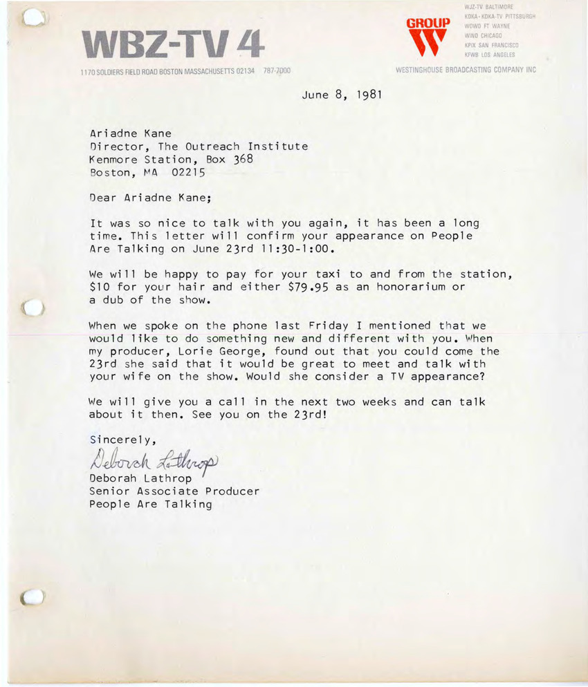 Download the full-sized PDF of Letter from Deborah Lathrop to Ariadne Kane, June 8, 1981