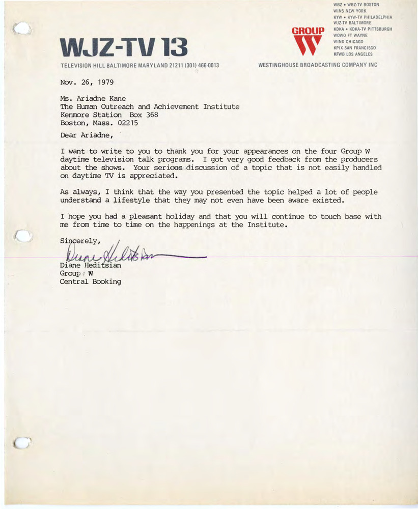 Download the full-sized PDF of Letter from Diane Hedetsian to Ariadne Kane, November 26, 1979