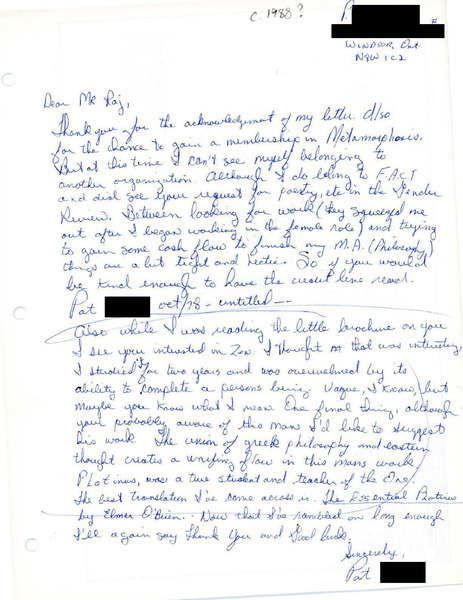 Download the full-sized image of Letter from Pat To Rupert Raj (1988)