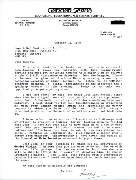 Download the full-sized image of Letter from Susan C. Huxford to Rupert Raj (October 22, 1990)