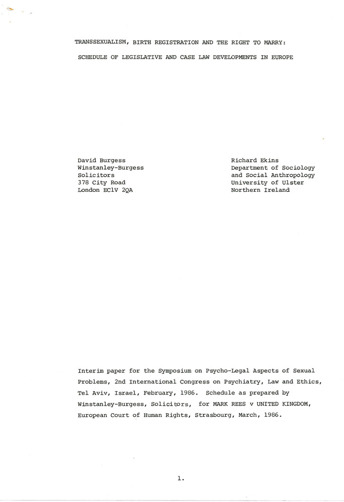 Download the full-sized PDF of Transsexualism, Birth Registration and the Right to Marry: Schedule of Legislative and Case Law Developments in Europe