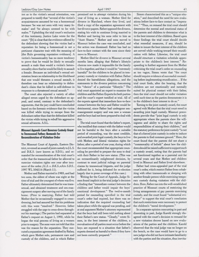 Download the full-sized PDF of Missouri Appeals Court Reverses Custody Grant to Transsexual Father