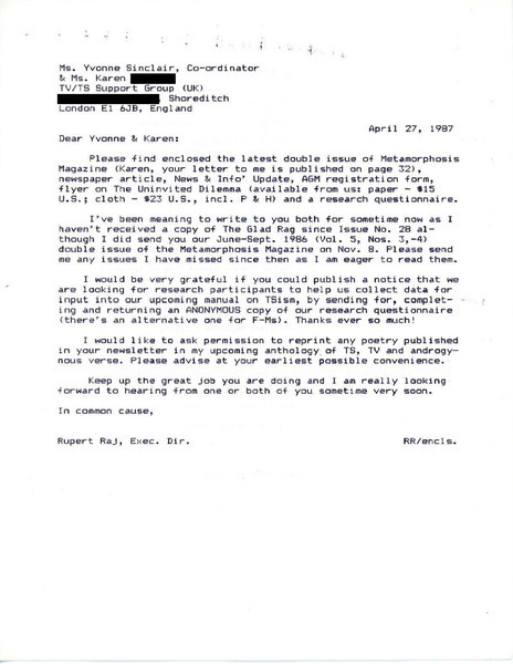 Download the full-sized image of Letter from Rupert Raj to Yvonne Sinclair and Karen (April 27, 1987)