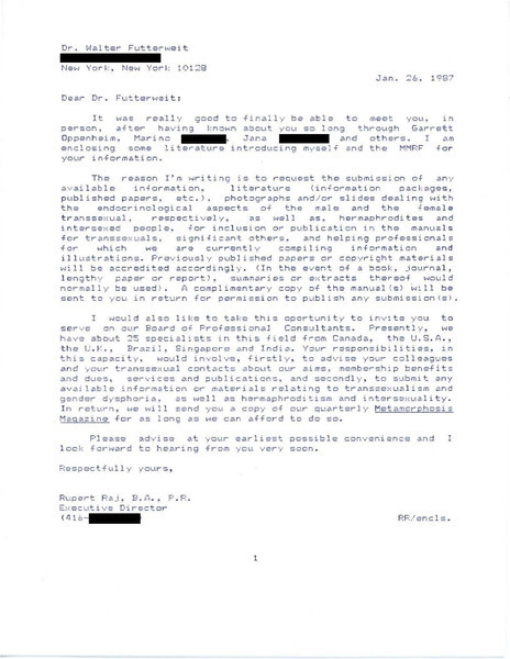 Download the full-sized image of Letter from Rupert Raj to Dr. Walter Futterweit (January 26, 1987)