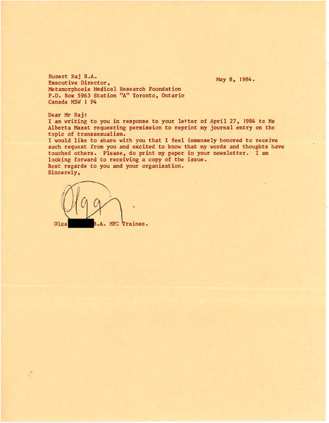 Download the full-sized image of Letter from Olga [redacted] to Rupert Raj (May 8, 1984)