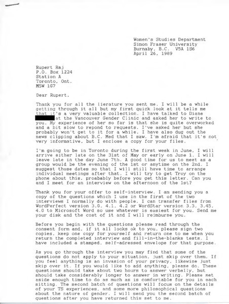 Download the full-sized image of Letter from Holly Devor to Rupert Raj (April 26, 1989)