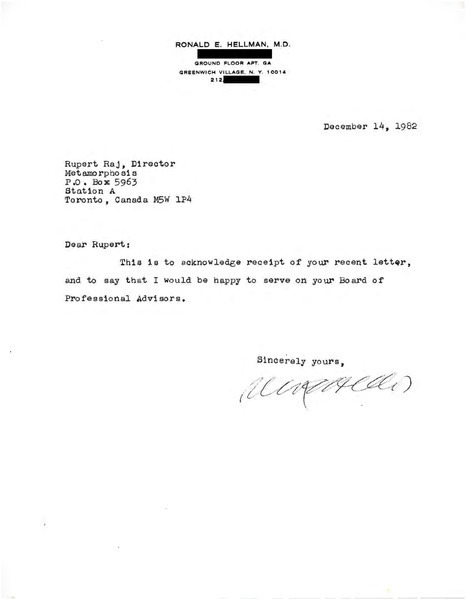 Download the full-sized image of Letter from Dr. Ronald E. Hellman to Rupert Raj (December 14, 1982)