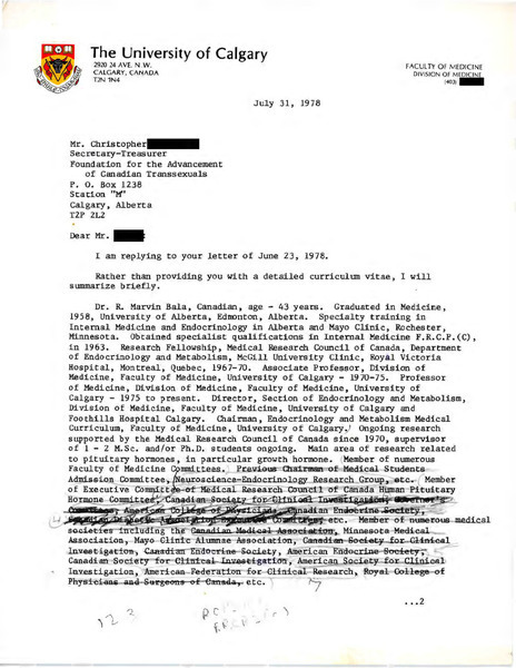 Download the full-sized image of Letter to Mr. Christopher [redacted] from Dr. R. Marvin Bala (July 31, 1978)