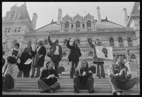 Download the full-sized image of Sylvia Rivera with Protestors on Steps at Gay Rights Demonstration