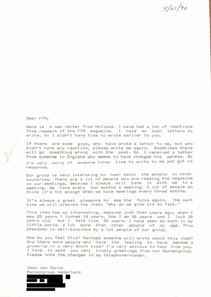 Download the full-sized PDF of Correspondence from Jean Van Aarle to Lou Sullivan (May 21, 1990)