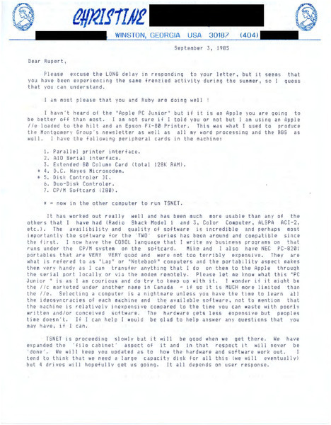 Download the full-sized image of Letter from Christine to Rupert Raj (September 3, 1985)