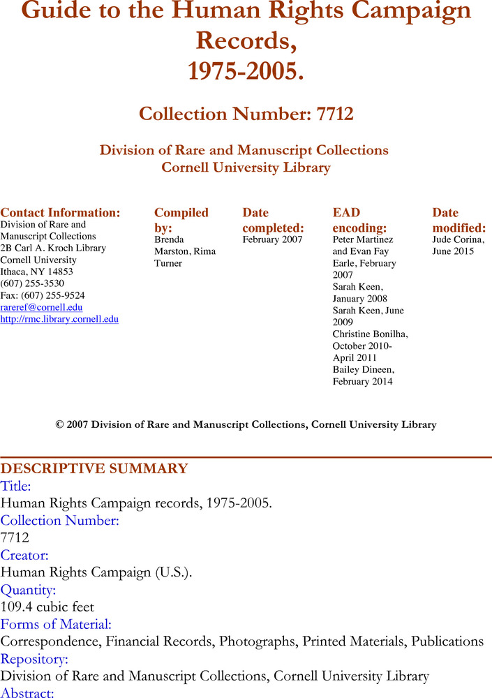 Download the full-sized PDF of Guide to the Human Rights Campaign Records, 1975-2005