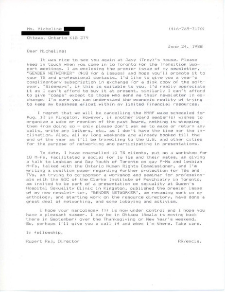 Download the full-sized image of Letter from Rupert Raj to Micheline (June 24, 1988)