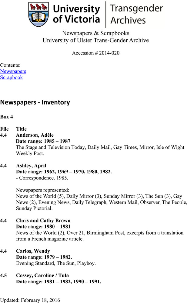 Download the full-sized PDF of University of Ulster Trans-Gender Archive: Newspapers & Scrapbooks