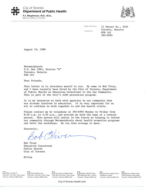 Download the full-sized image of Letter from Bob Tivey to Metamorphosis (August 10, 1988)