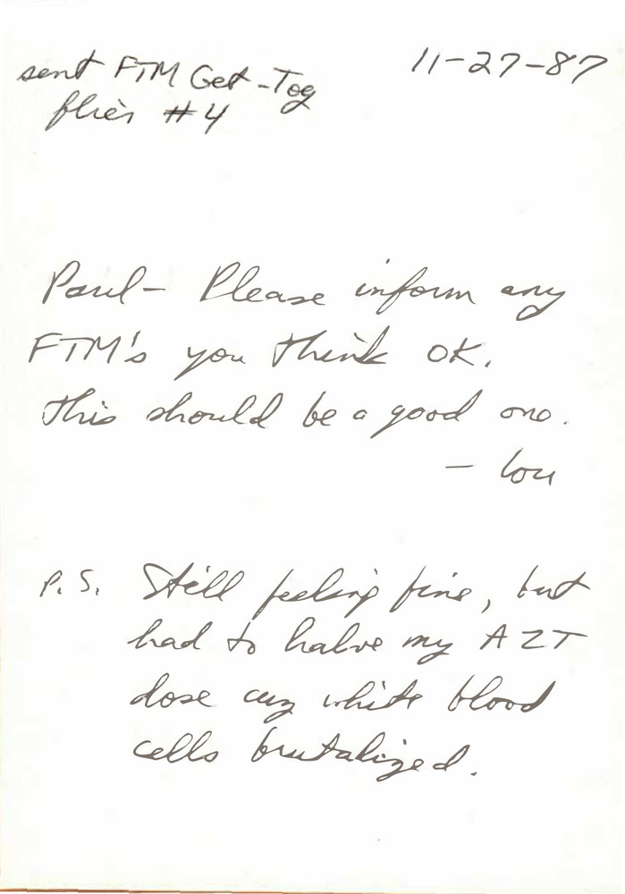 Download the full-sized PDF of Correspondence from Lou Sullivan to Paul Walker (November 27, 1987)