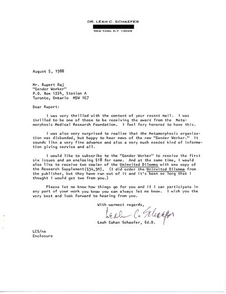 Download the full-sized image of Letter from Leah Cahan Schaefer to Rupert Raj (August 5, 1988)