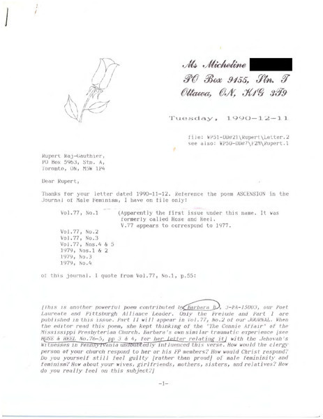 Download the full-sized image of Letter from Micheline to Rupert Raj (December 11, 1990)