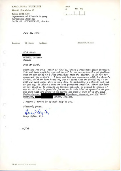 Download the full-sized image of Letter from Bengt Nylen to Rupert Raj (June 25, 1974)