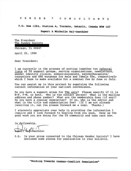 Download the full-sized image of Letter from Rupert Raj to the President of the Sunday Society (April 25, 1990)