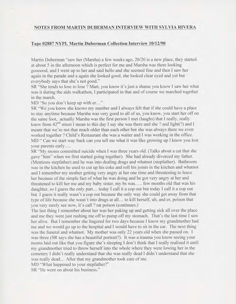 Download the full-sized PDF of Notes From Martin Duberman Interview with Sylvia Rivera