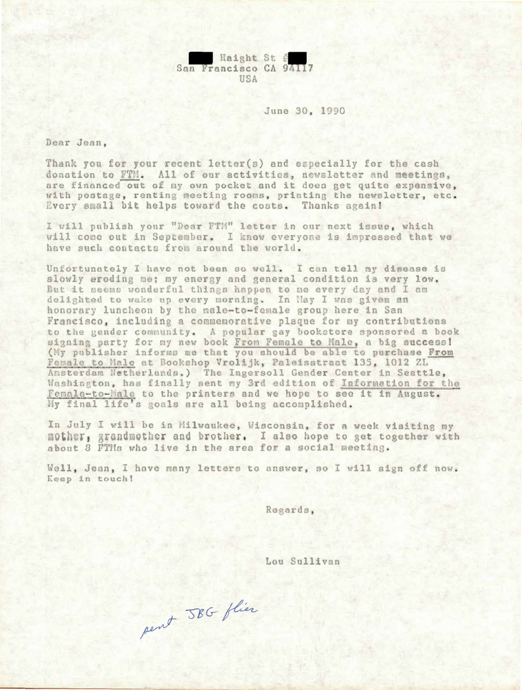 Download the full-sized PDF of Correspondence from Lou Sullivan to Jean Van Aarle (June 30, 1990)